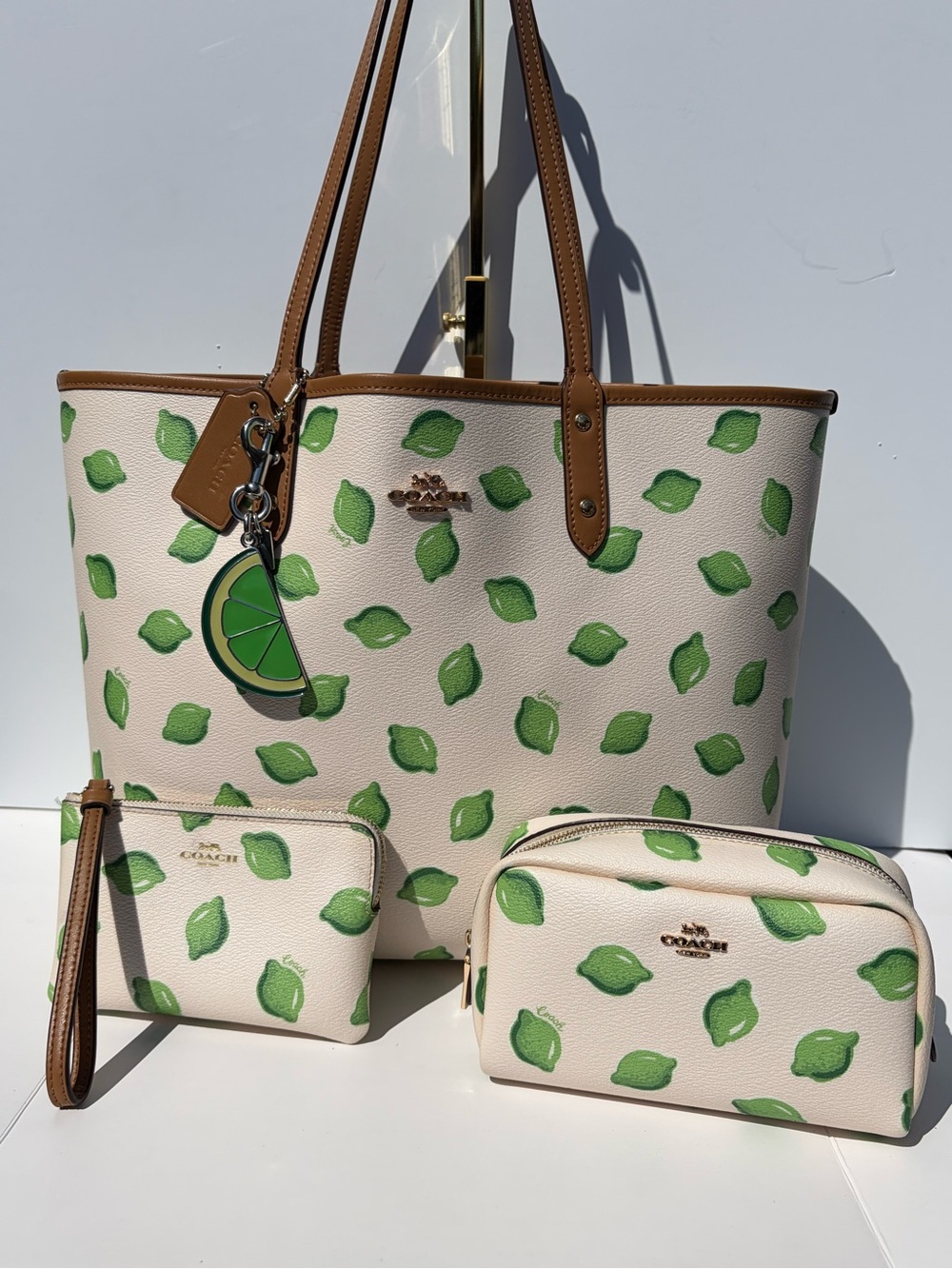 Coach City Tote Bag Reversible Lime Print Lime Charm Wallet Cosmetic Case Bundle